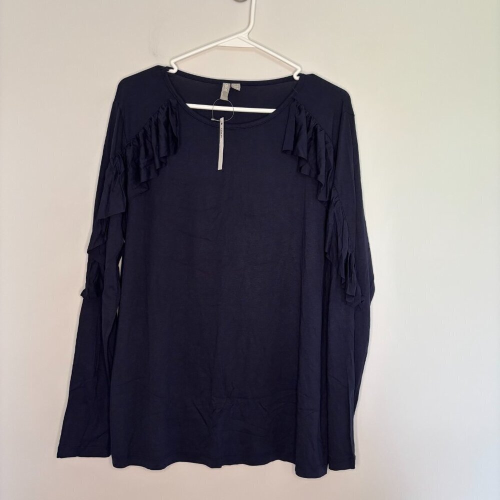 ASOS Pullover Women's 14 Navy NEW Ruffled Stretch Long Sleeve Casual Workwear